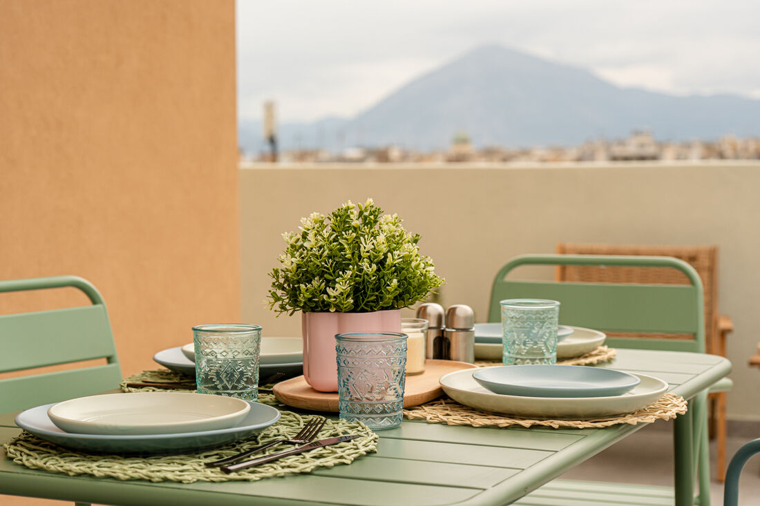 Terrace dining table set for guests